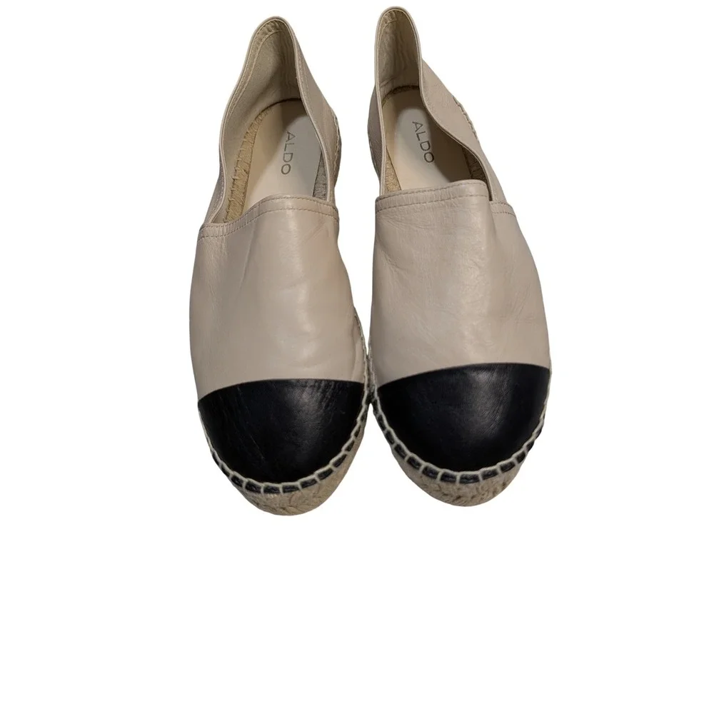 Aldo Womens Beige Leather Cap Toe Espadrille Flats Black Contrast Slip On Size 9